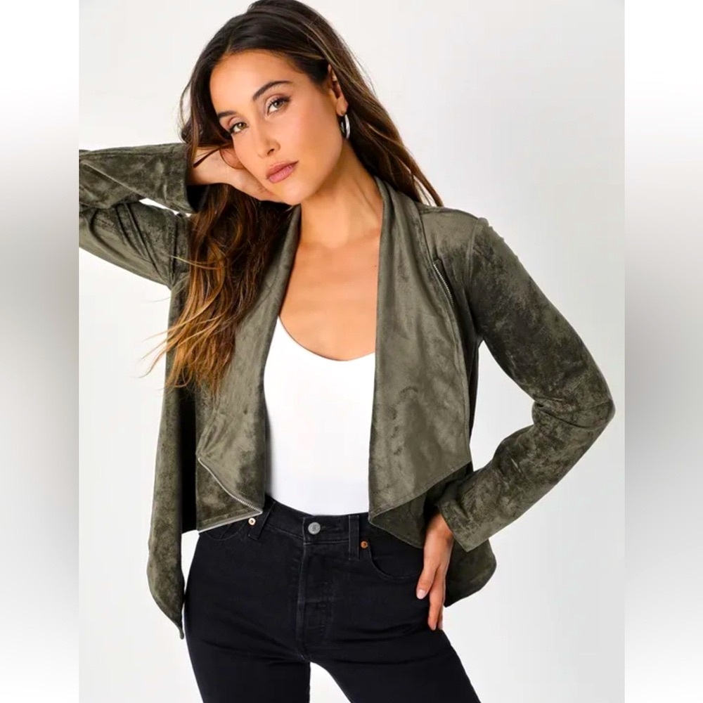 Lulus Moto Jacket Wild at Heart Olive Green Vegan Faux Suede Small Mediu…